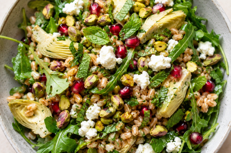 Farro Salad with Arugula, Artichokes & Pistachios