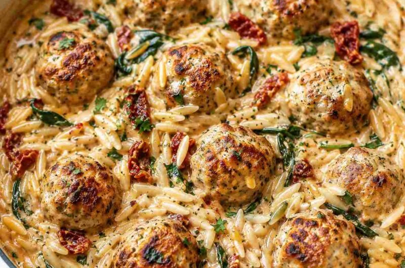 One Pot Orzo and Chicken Meatballs