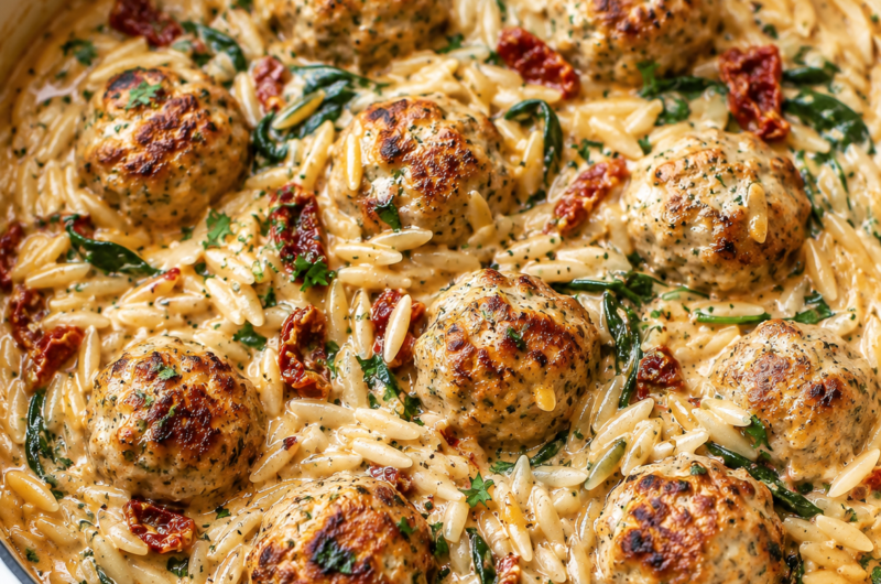 One Pot Orzo and Chicken Meatballs