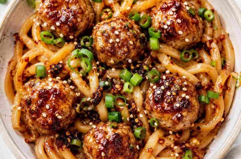 Chili Crisp Udon Noodles with Pork Meatballs