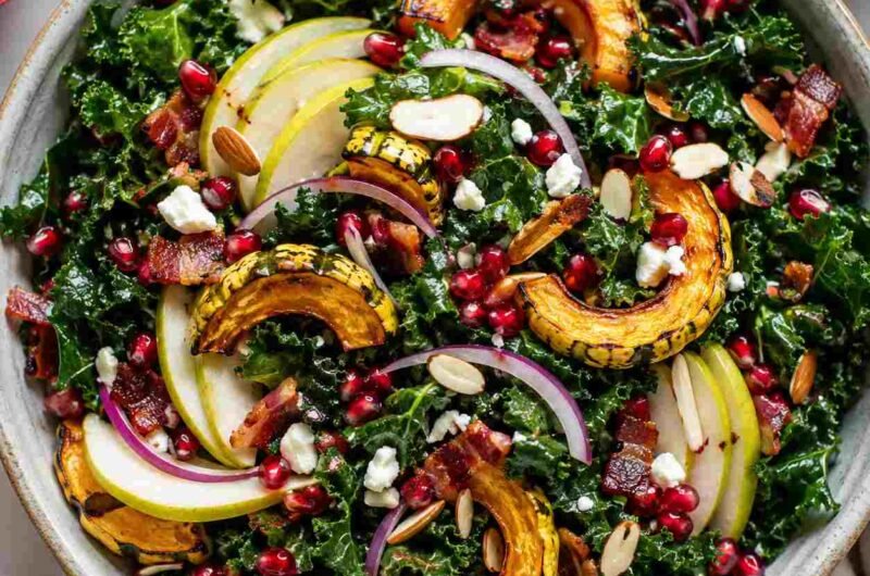Kale and Roasted Delicata Squash Salad with Pomegranate Vinaigrette